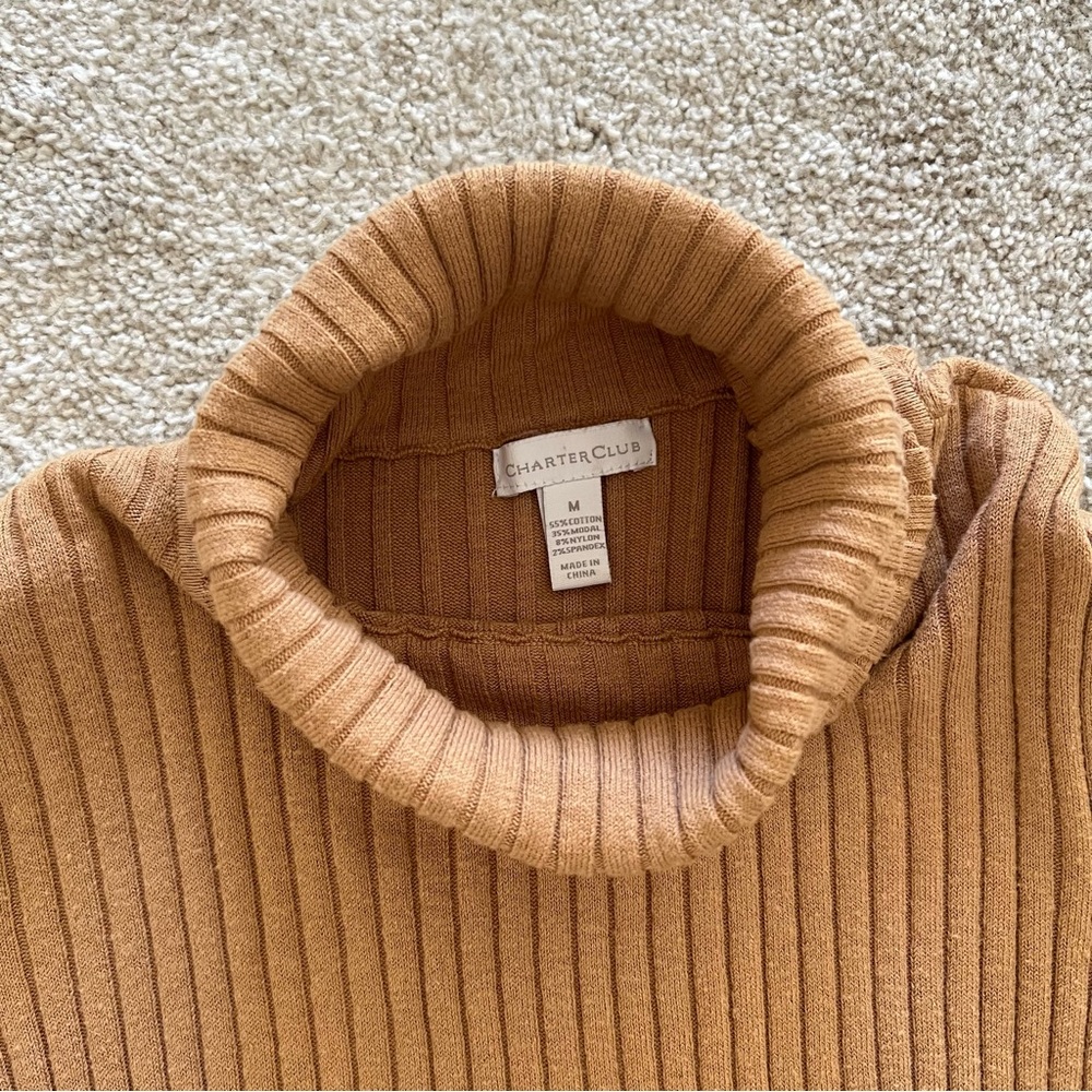 Charter Club Ribbed Fitted Cotton Tan Turtleneck Sweater - Picture 5 of 10